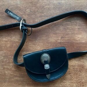 Ellen Tracy Black Leather Mini Crossbody Belt Bag with Silver Medallion